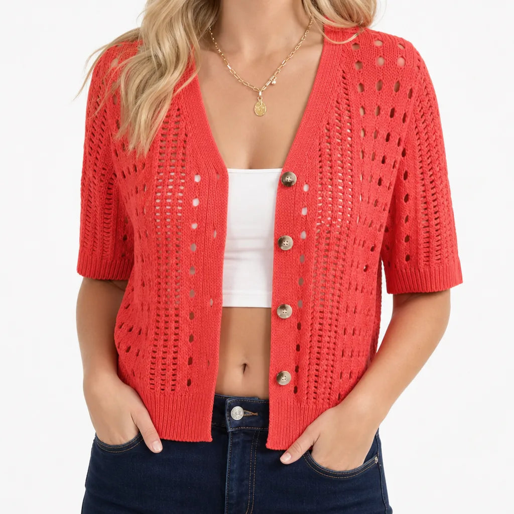 Women's Short Sleeve Openwork Cardigan with Buttons - Orange Red