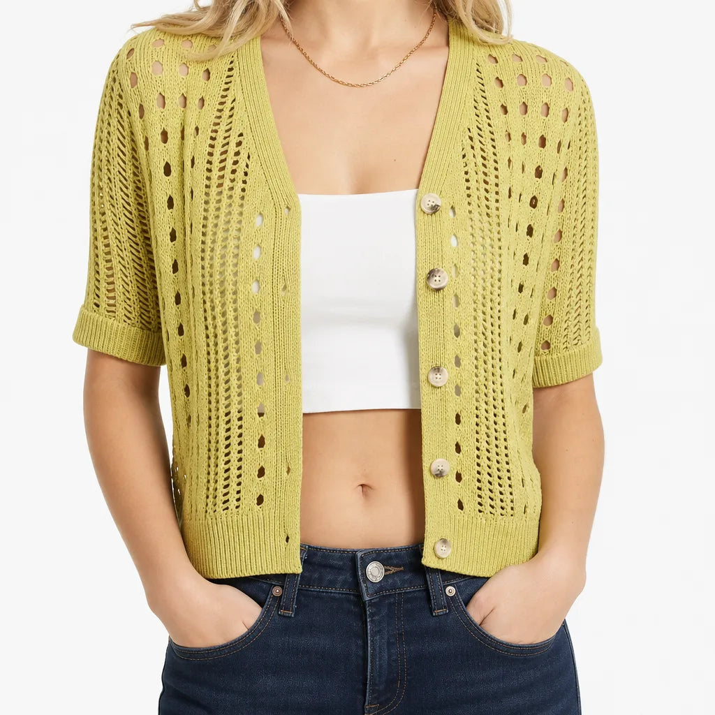 Women's Short Sleeve Openwork Cardigan with Buttons - Green