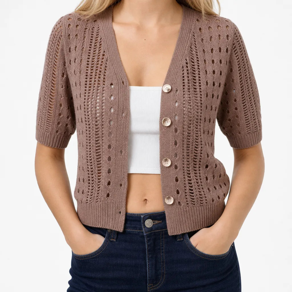 Women's Short Sleeve Openwork Cardigan with Buttons - Brown