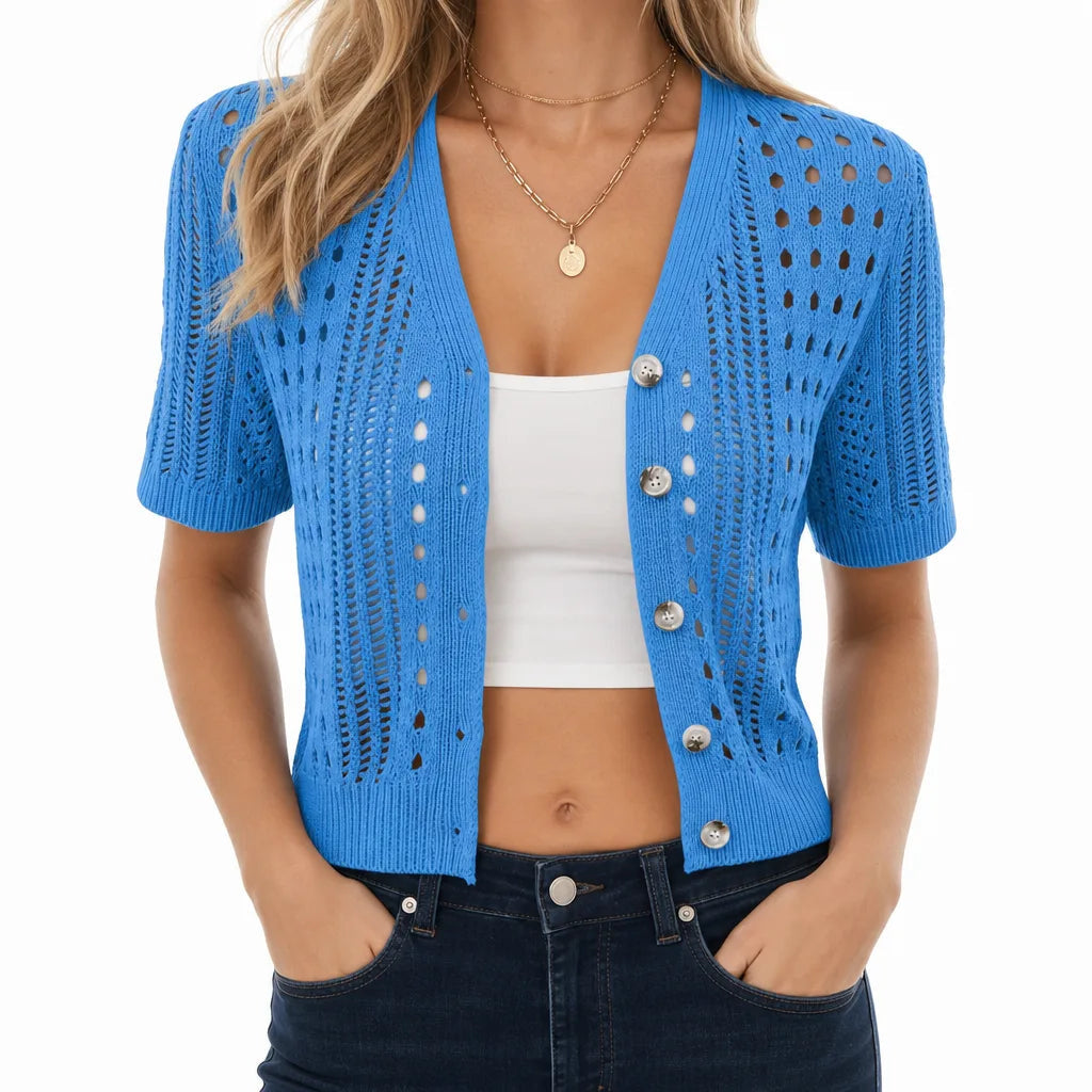 Women's Short Sleeve Openwork Cardigan with Buttons - Blue