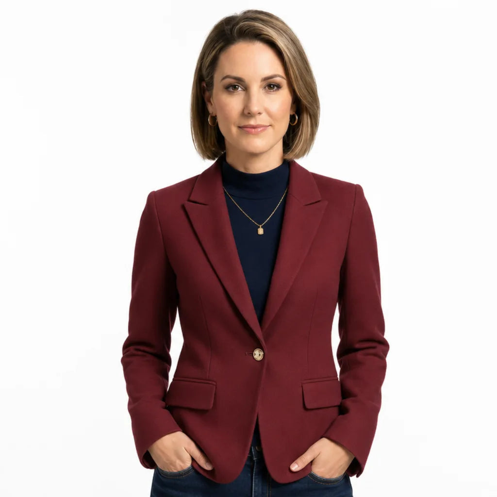 Women's Single Button Blazer with Flap Front Pockets - Red