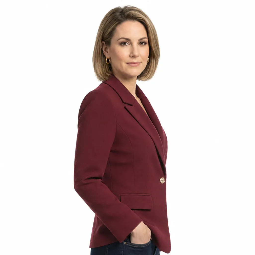 Women's Single Button Blazer with Flap Front Pockets - Red