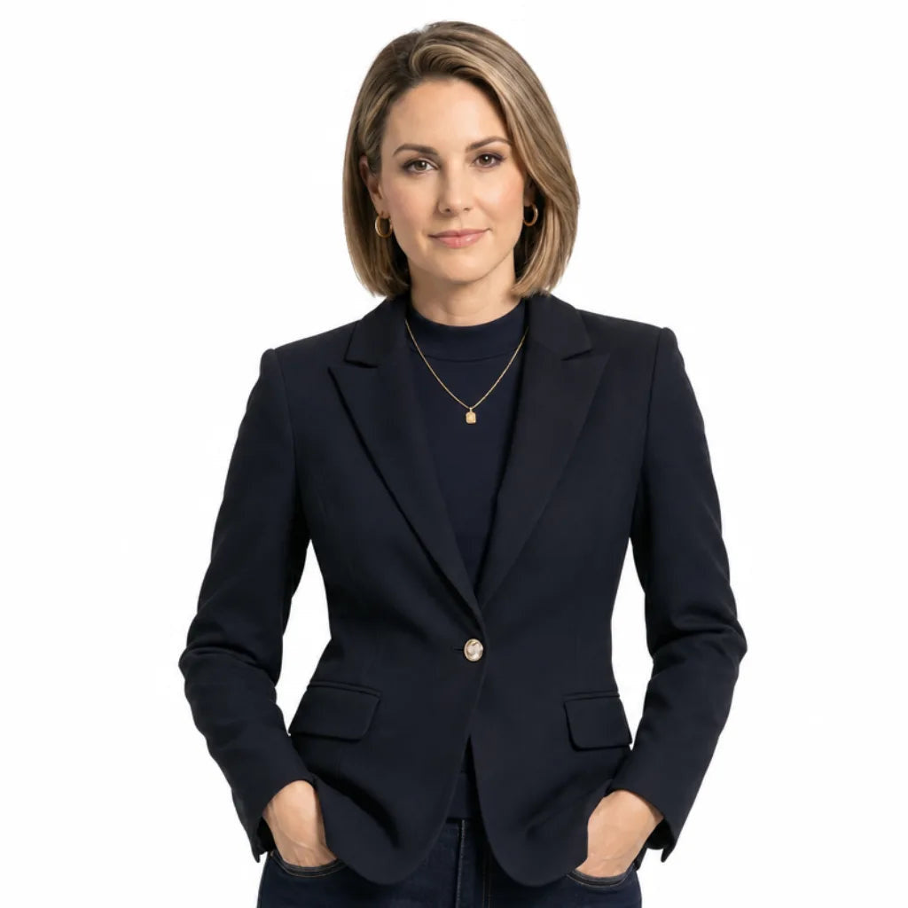 Women's Single Button Blazer with Flap Front Pockets - Black