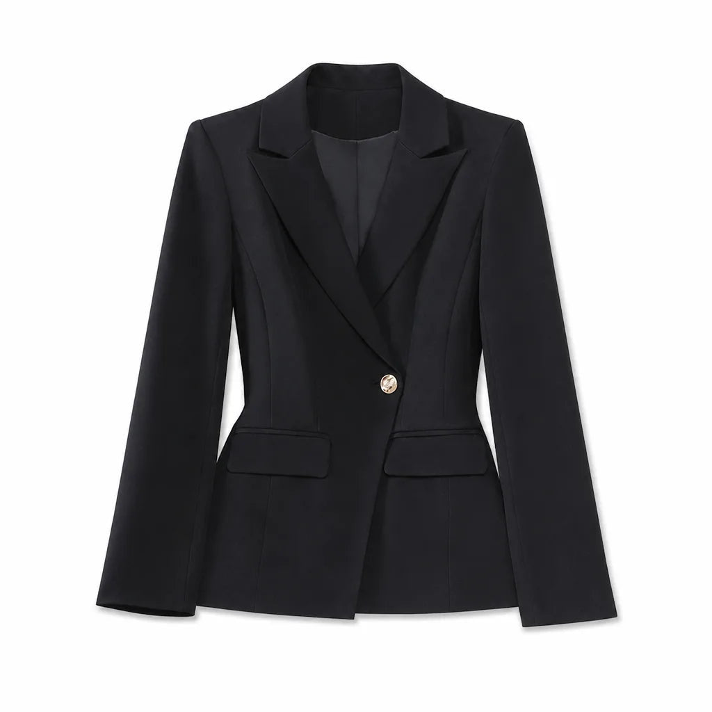 Women's Single Button Blazer with Flap Front Pockets - Black