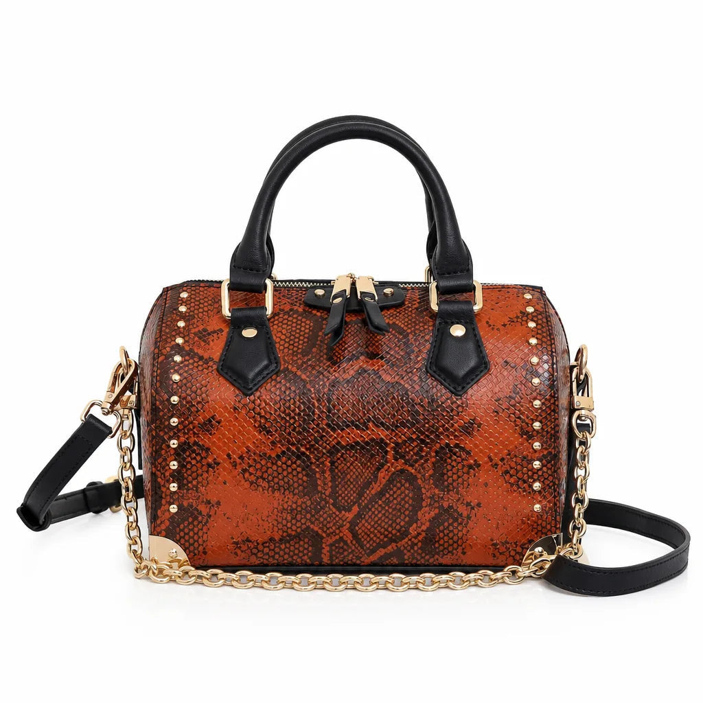 Women's Snake Print Handbag with Chain and Stud Detail - Brown