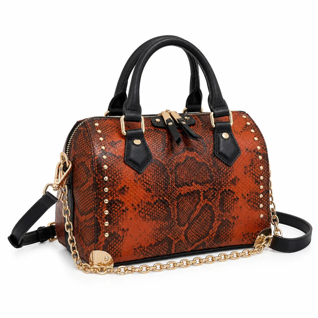 Women's Snake Print Handbag with Chain and Stud Detail - Brown