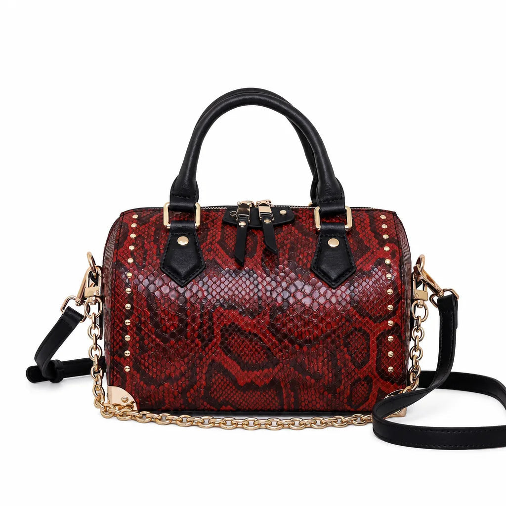 Women's Snake Print Handbag with Chain and Stud Detail - Red