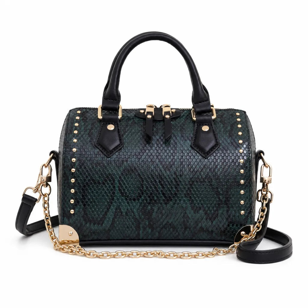 Women's Snake Print Handbag with Chain and Stud Detail - Green