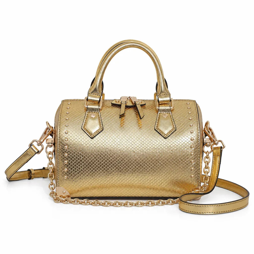 Women's Snake Print Handbag with Chain and Stud Detail - Yellow