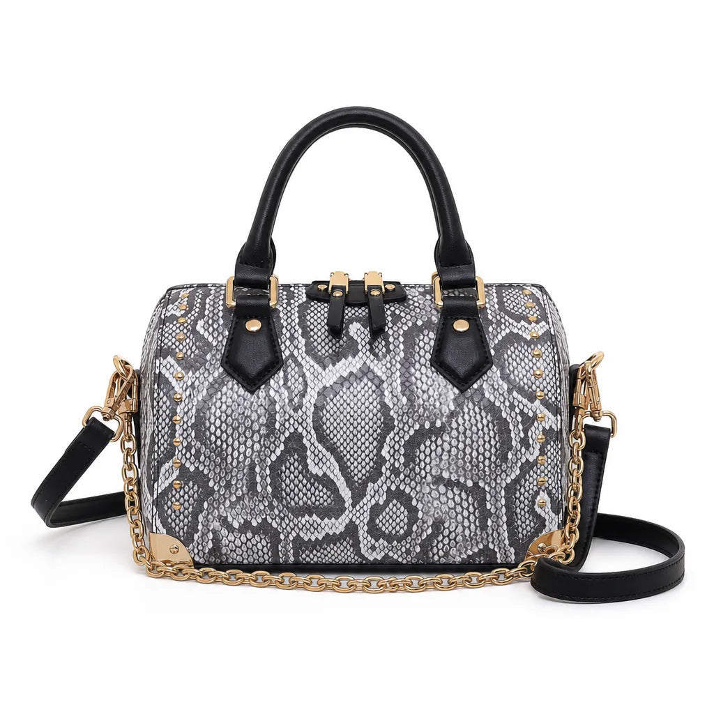 Women's Snake Print Handbag with Chain and Stud Detail - White