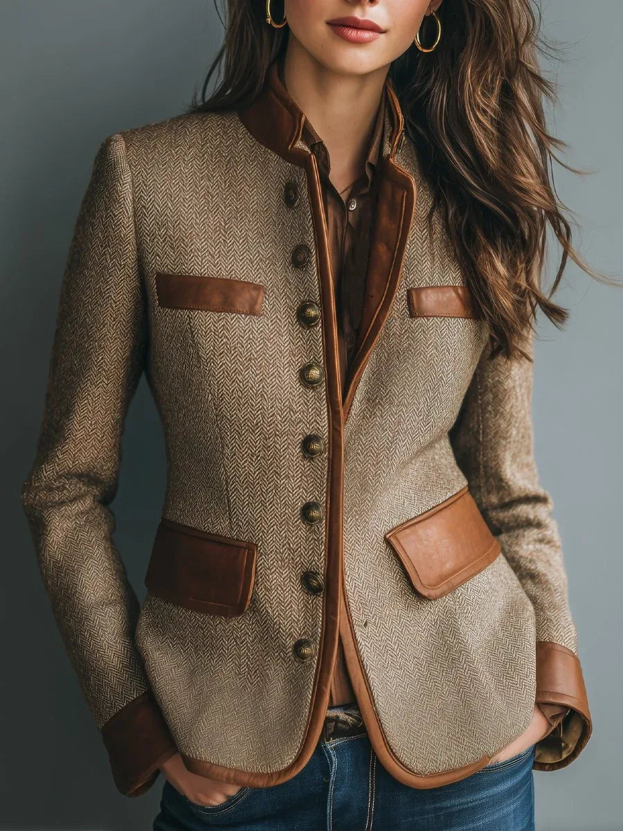 Women's Stand Collar Jacket with Contrast Pocket Panels - Brown