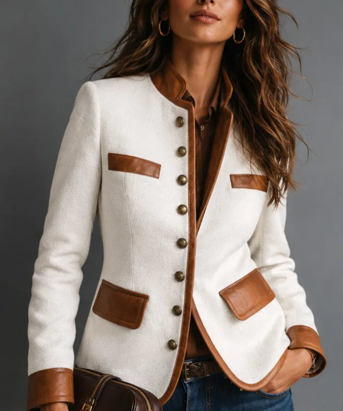 Women's Stand Collar Jacket with Contrast Pocket Panels - White