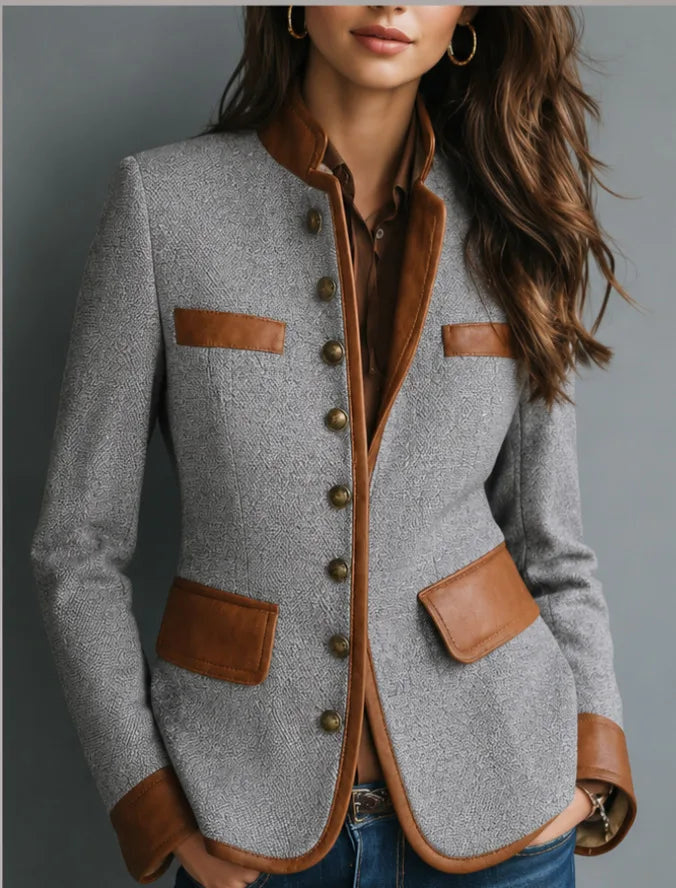 Women's Stand Collar Jacket with Contrast Pocket Panels - Gray