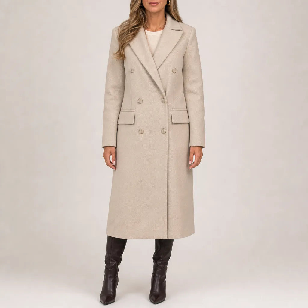 Women's Straight Double Breasted Coat with Notched Lapels - Beige