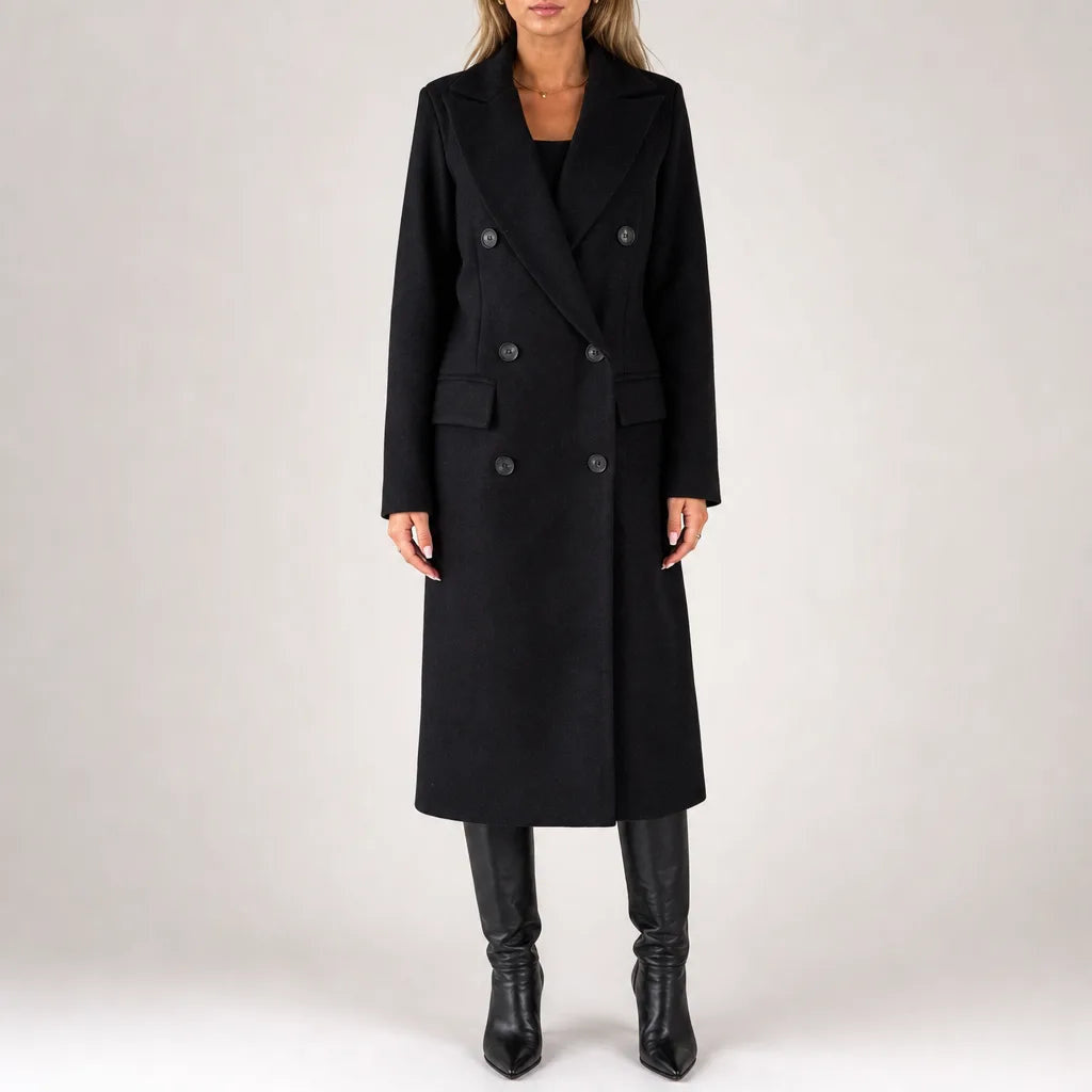Women's Straight Double Breasted Coat with Notched Lapels - Black