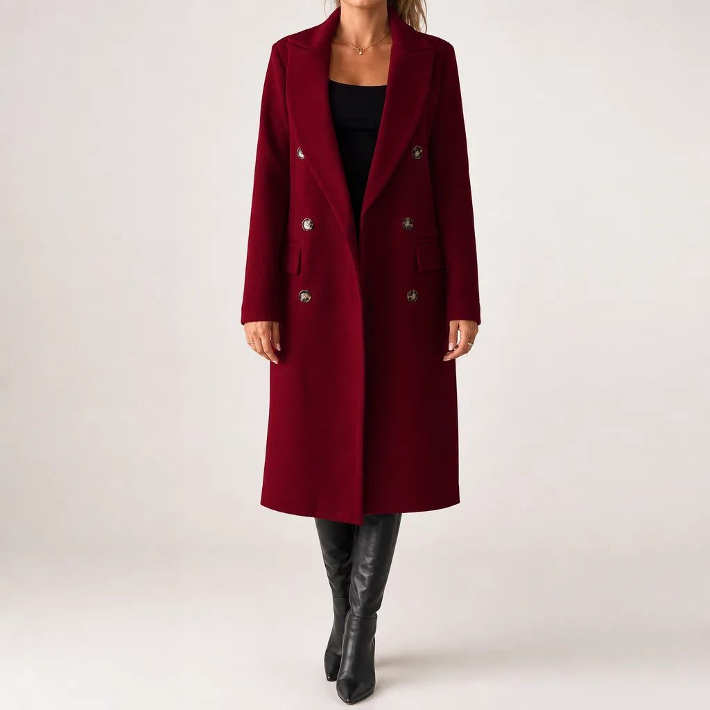 Women's Straight Double Breasted Coat with Notched Lapels - Red