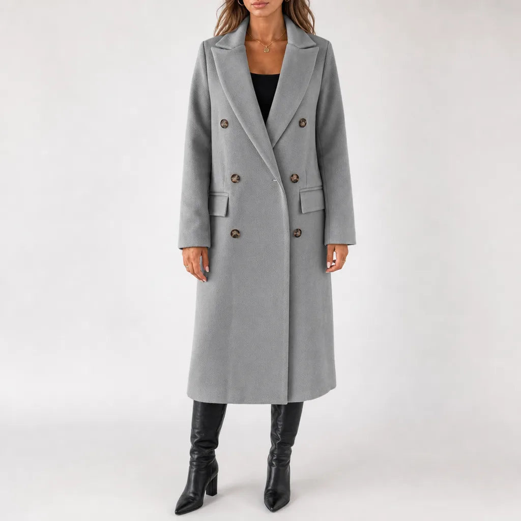 Women's Straight Double Breasted Coat with Notched Lapels - Gray