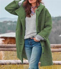Women's Textured Button Coat with Stand Collar - Green