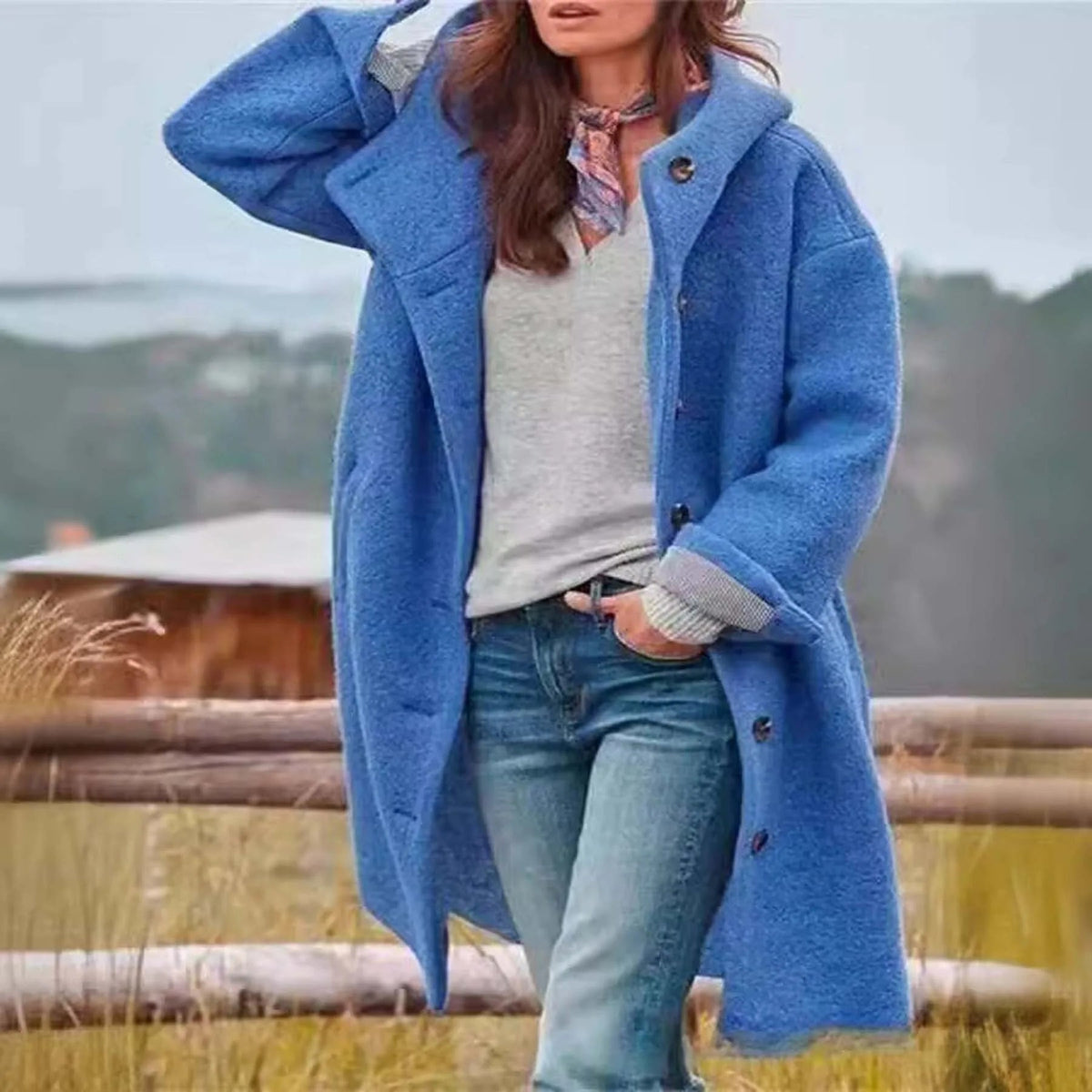 Women's Textured Button Coat with Stand Collar - Blue