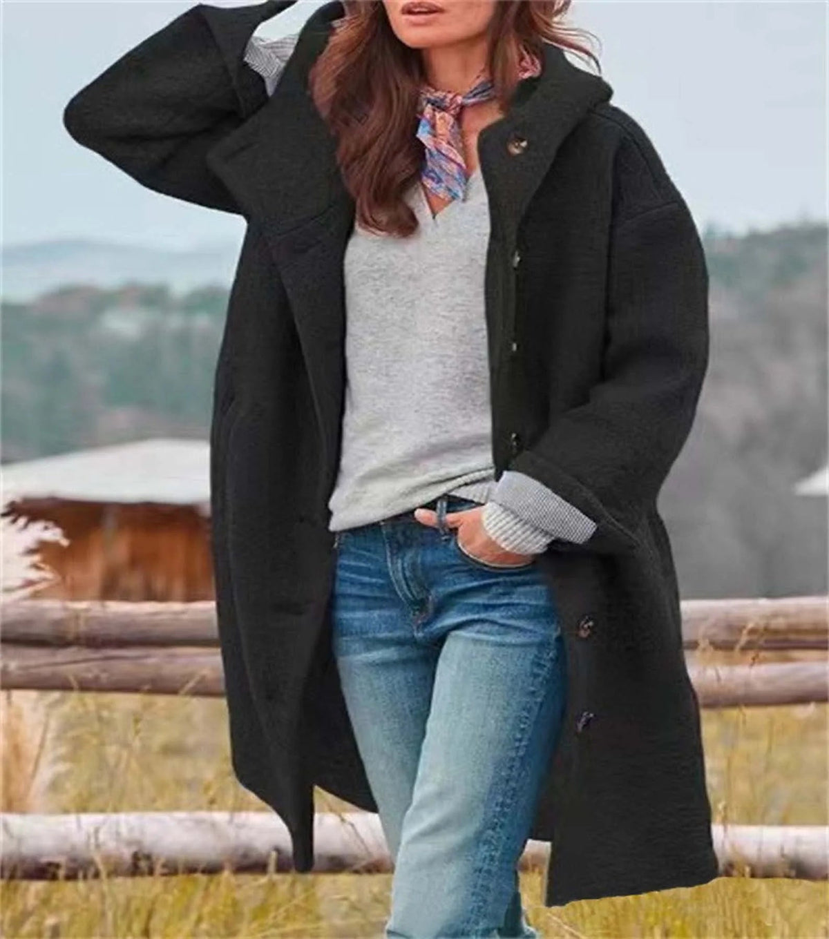 Women's Textured Button Coat with Stand Collar - Black
