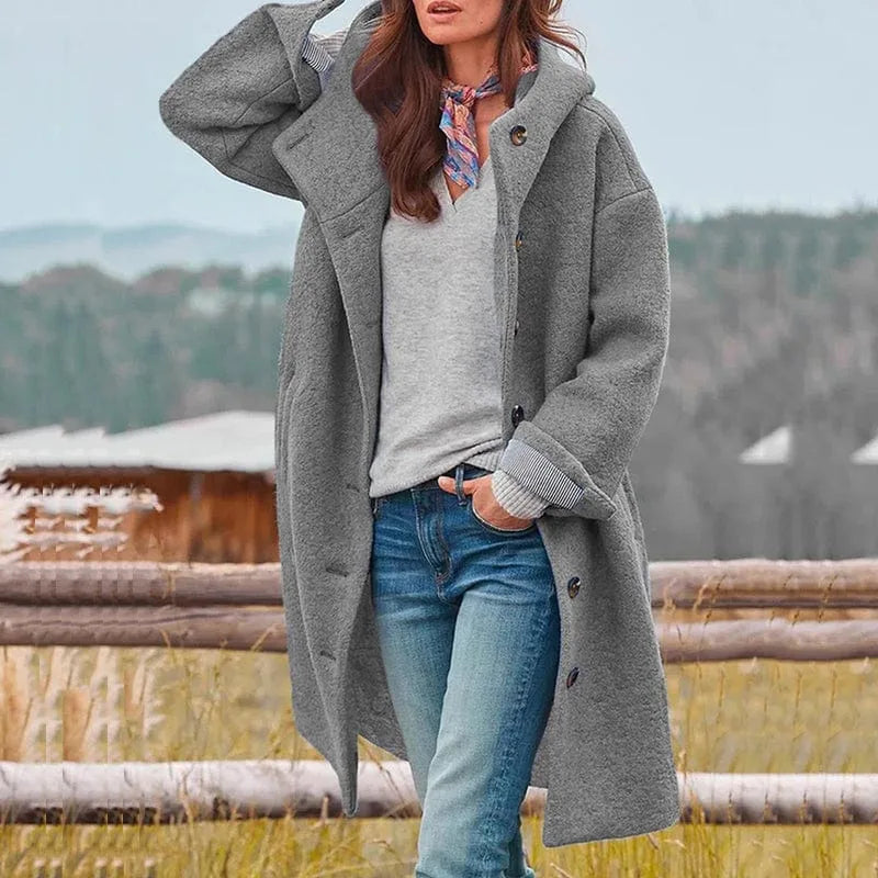 Women's Textured Button Coat with Stand Collar - Grey