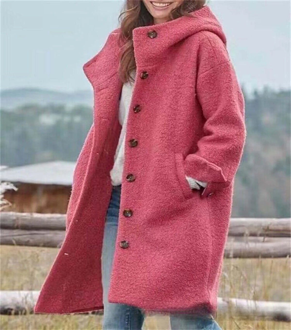 Women's Textured Button Coat with Stand Collar - Pink