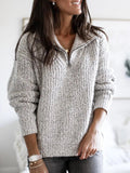 Women's Textured Half Zip Sweater with Wide Collar - Gray, Dark Gray
