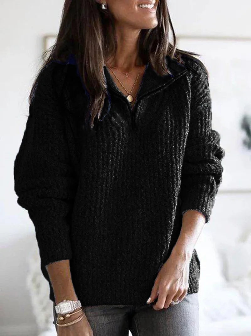 Women's Textured Half Zip Sweater with Wide Collar - Black