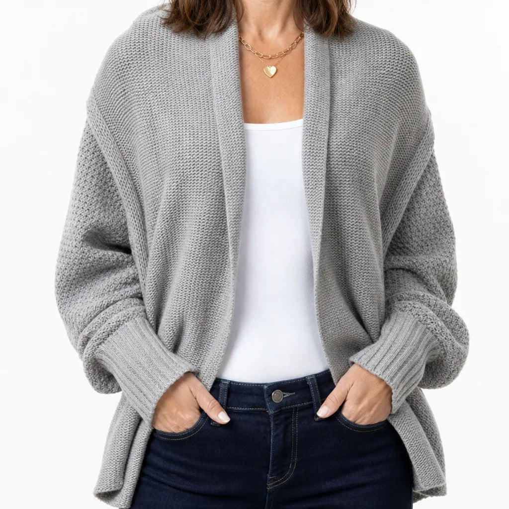 Women's Textured Open Front Cardigan with Draped Edges - Gray