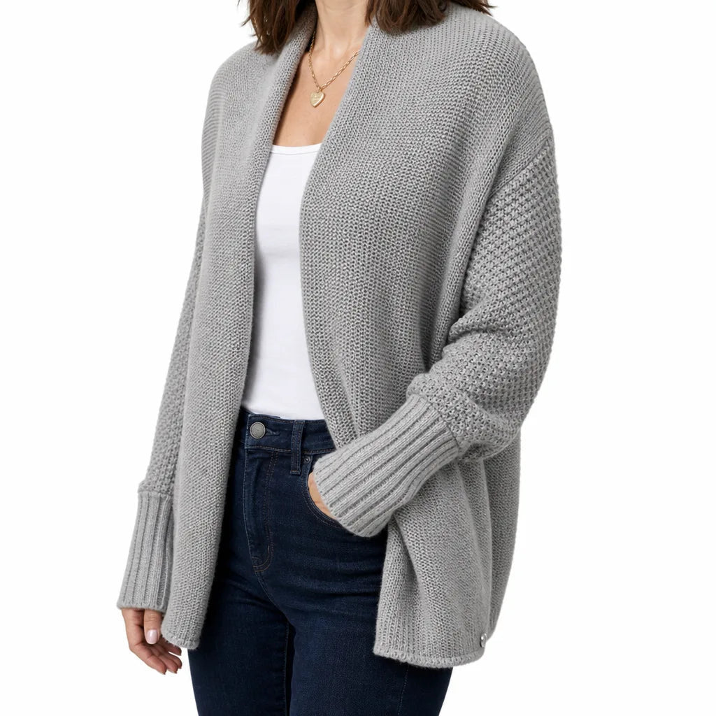 Women's Textured Open Front Cardigan with Draped Edges - Gray