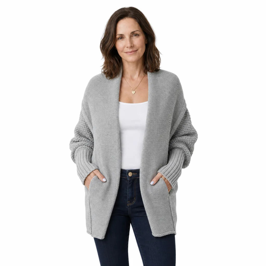 Women's Textured Open Front Cardigan with Draped Edges - Gray