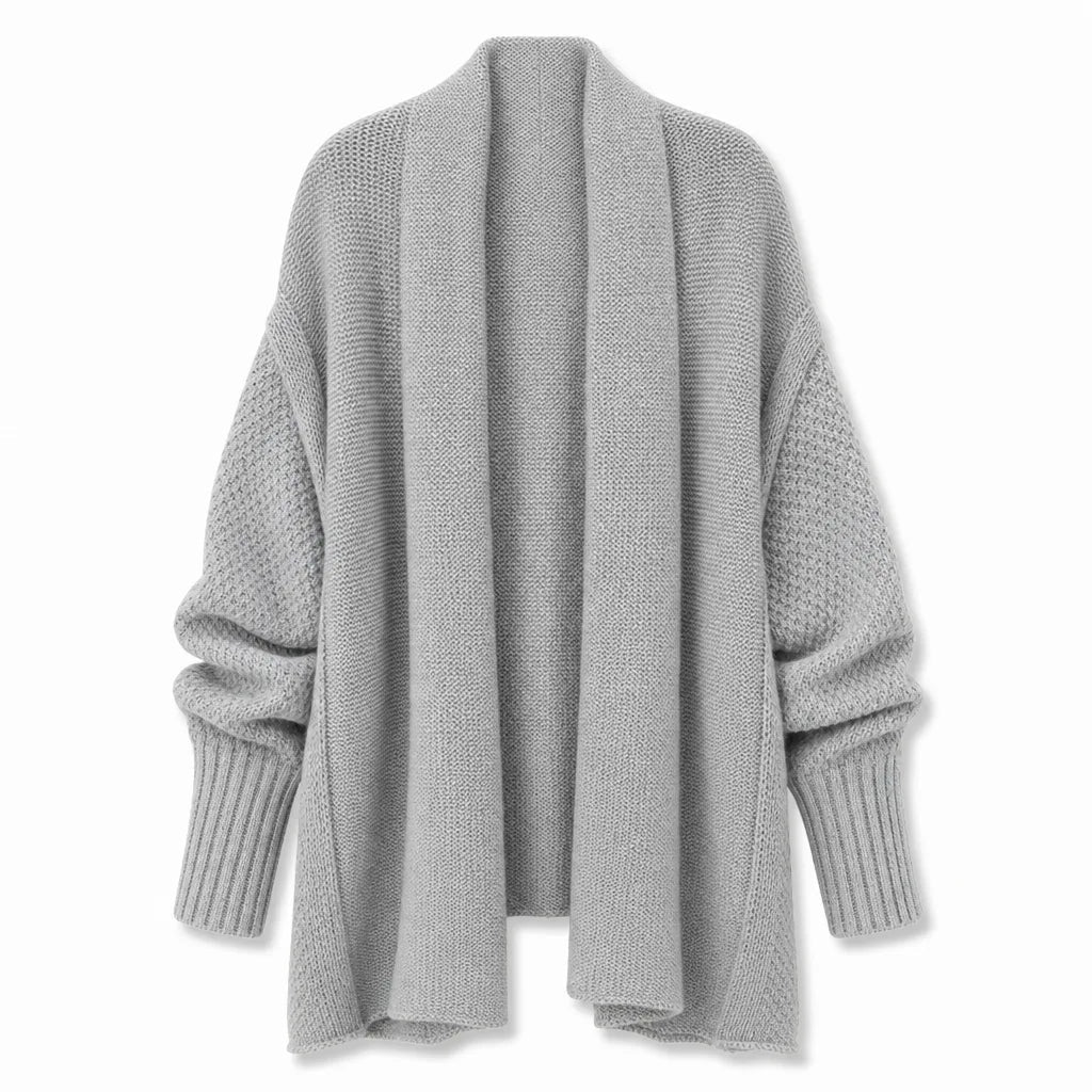 Women's Textured Open Front Cardigan with Draped Edges - Gray