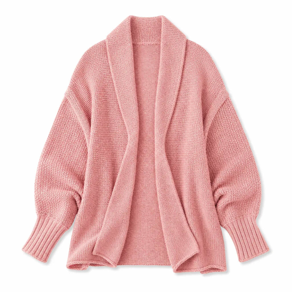 Women's Textured Open Front Cardigan with Draped Edges - Pink