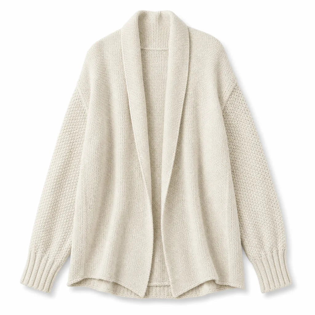 Women's Textured Open Front Cardigan with Draped Edges - Beige