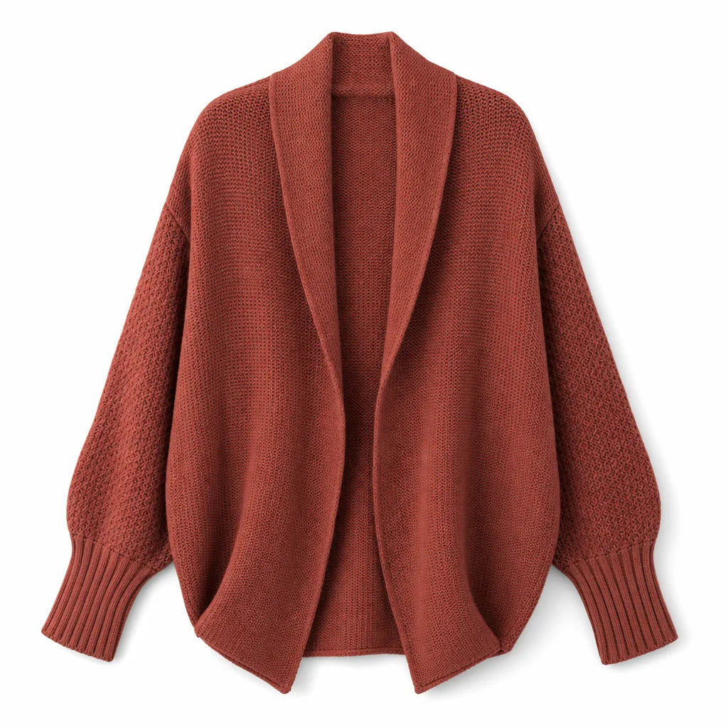 Women's Textured Open Front Cardigan with Draped Edges - Red