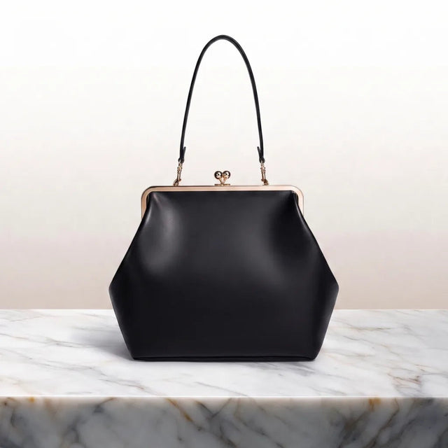 Women's Top Handle Frame Bag with Rounded Clasp - Black