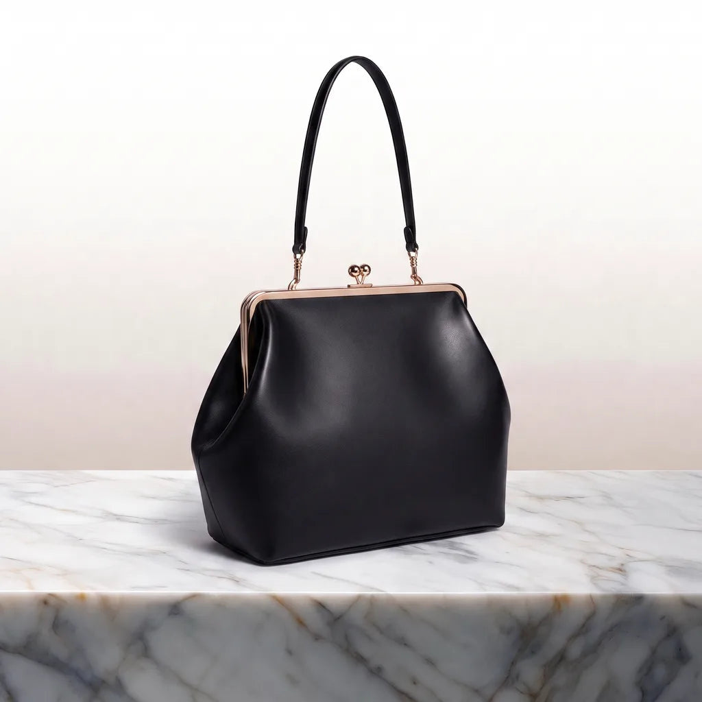 Women's Top Handle Frame Bag with Rounded Clasp - Black