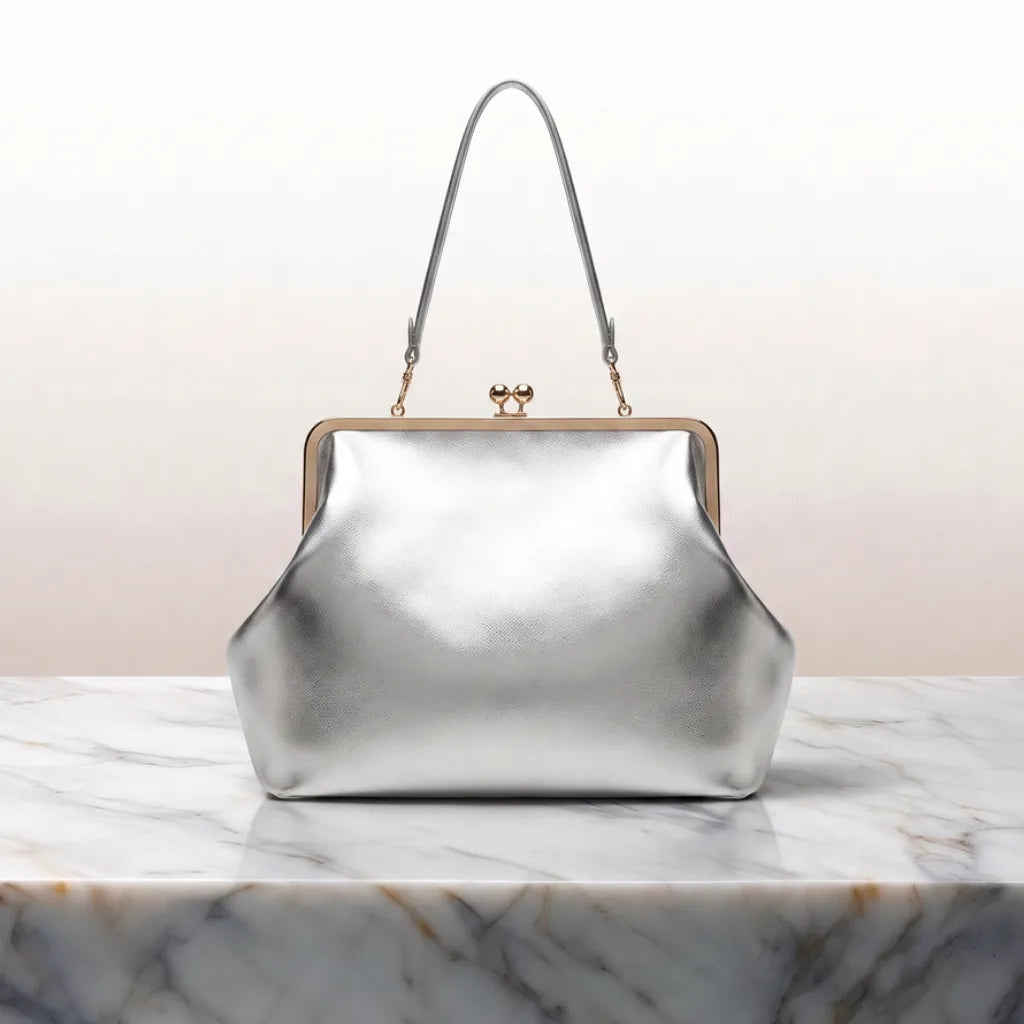 Women's Top Handle Frame Bag with Rounded Clasp - Gray