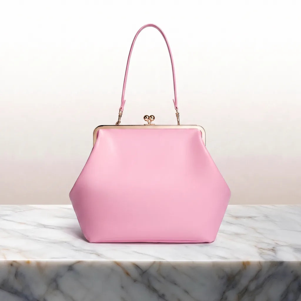 Women's Top Handle Frame Bag with Rounded Clasp - Pink