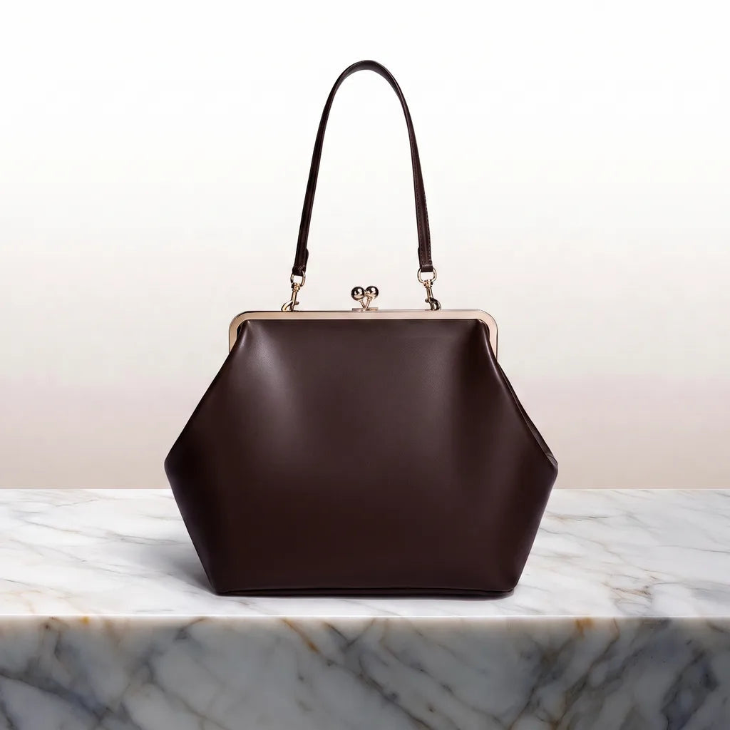 Women's Top Handle Frame Bag with Rounded Clasp - Brown