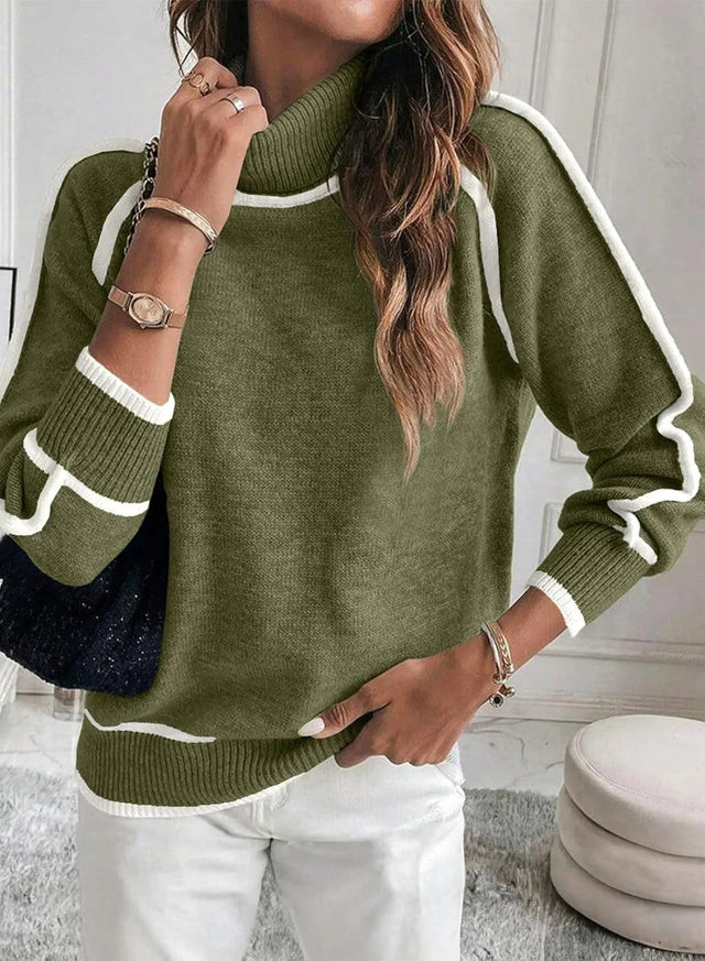 Women's Turtleneck Sweater with Contrast Sleeve Stripes - Green