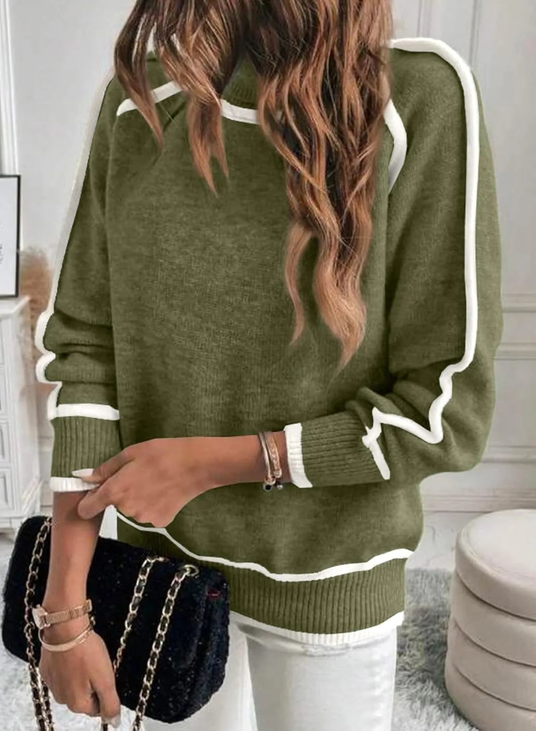 Women's Turtleneck Sweater with Contrast Sleeve Stripes - Green