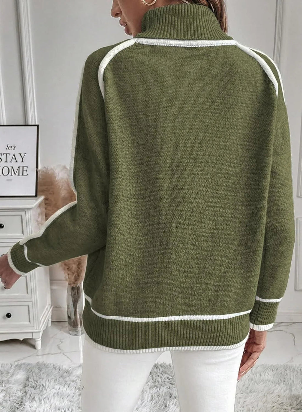 Women's Turtleneck Sweater with Contrast Sleeve Stripes - Green