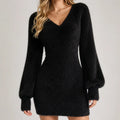 Women's V-Neck Short Sweater Dress with Balloon Sleeves - Black