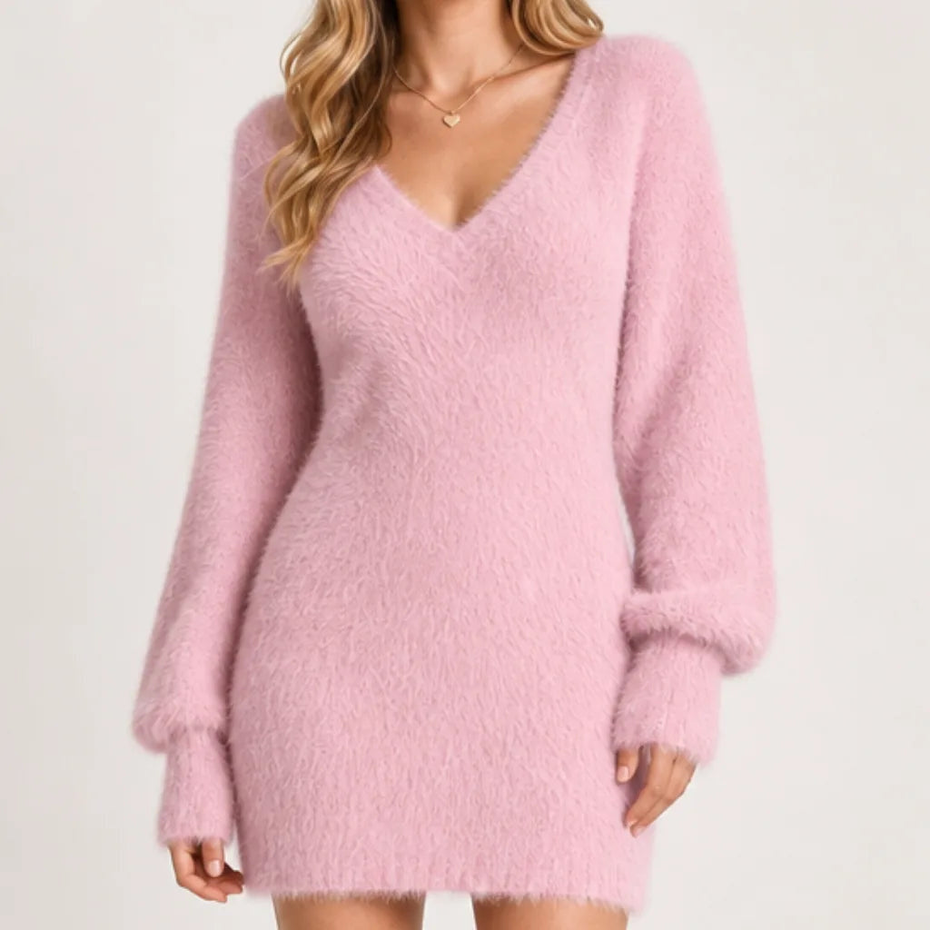 Women's V-Neck Short Sweater Dress with Balloon Sleeves - Pink