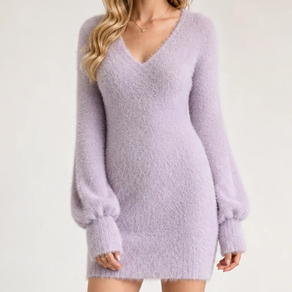 Women's V-Neck Short Sweater Dress with Balloon Sleeves - Purple