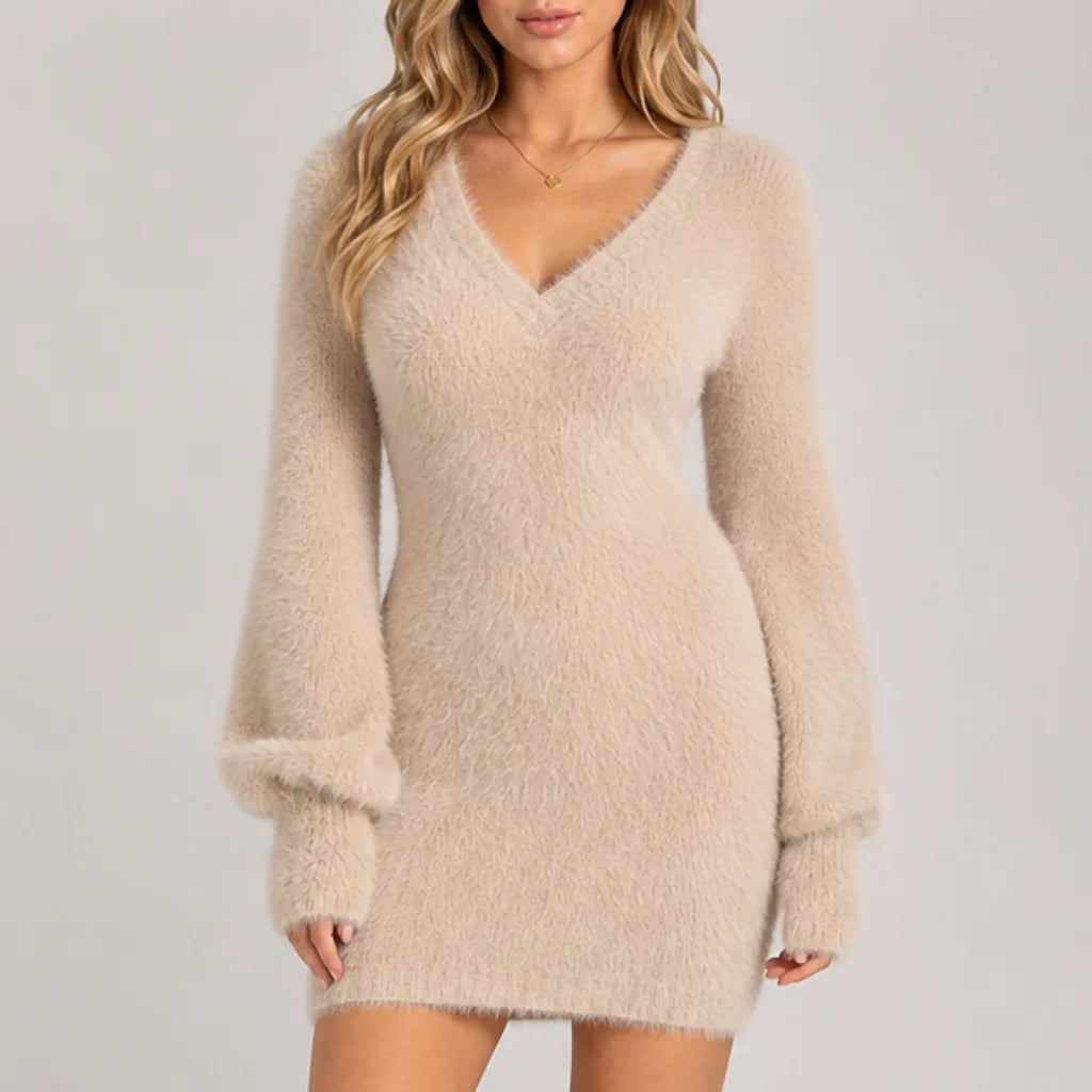 Women's V-Neck Short Sweater Dress with Balloon Sleeves - Beige