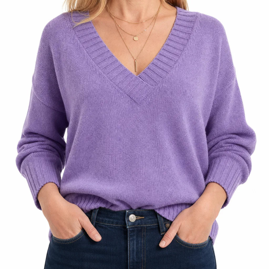 Women's V-Neck Sweater with Ribbed Neckline and Cuffs - Purple