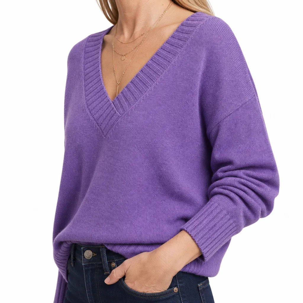Women's V-Neck Sweater with Ribbed Neckline and Cuffs - Purple