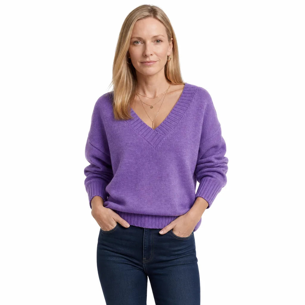 Women's V-Neck Sweater with Ribbed Neckline and Cuffs - Purple